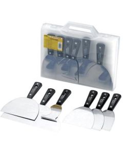 PAR-8077 stainless steel taping knife set with 5 knives, scraper, and case