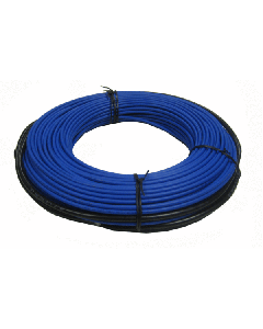 Cutaway view of the Warmup Inscreed Heating Cable installation, showing the 6mm durable cable secured with metal fixing bands on an insulated concrete screed for efficient radiant heating.