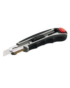 Professional bi-material 18 mm box cutter with metal reinforcement, featuring an automatic blade loader and a set of 5 spare blades.