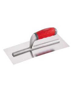 Professional stainless steel drywall and masonry trowel with a curved blade for superior coating application, featuring an ergonomic bi-material handle and aluminum frame.