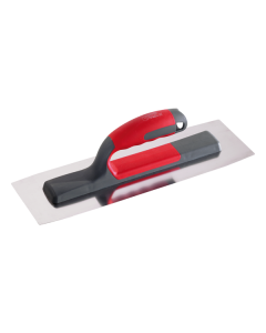 Professional Bi-Flex finishing trowel featuring a 0.4 mm stainless steel blade, rounded edges for mark-free application, and a bi-material ergonomic handle.