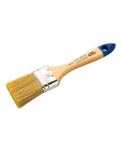 Flat paint brush with thick bristles, mix of natural and polyester fibers, varnished wooden handle, and nickel-plated steel ferrule
