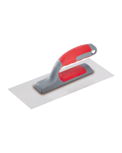 Professional PAR-1866 "V" notched trowel featuring a 280x110 mm stainless steel blade with 2.5x4 mm teeth and an extra-light ergonomic bi-material handle.