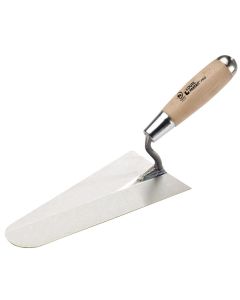 Professional round tip Belgium trowel from xbau, featuring a flexible varnished tempered steel blade, a curved neck, and a wooden handle with an integrated fingerguard.
