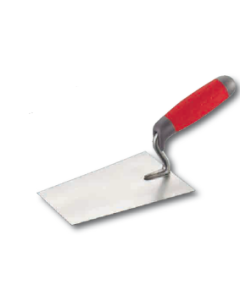 Margin trowel with stainless steel blade, curved neck, and ergonomic bi-material handle