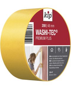 A roll of Kip® 208 WASHI-TEC® PREMIUM PLUS masking tape, showing its thin, gold-colored Goldkrepp® paper construction designed for professional-grade sharp paint edges.