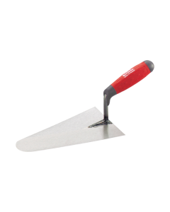 Professional varnished tempered steel trowel with square edges, an ergonomic handle, and an integrated fingerguard for safety and precision.