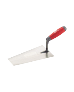 Professional square shape masonry trowel from xbau, featuring a varnished tempered steel blade with sharp square edges and an ergonomic bi-material handle with an integrated fingerguard.