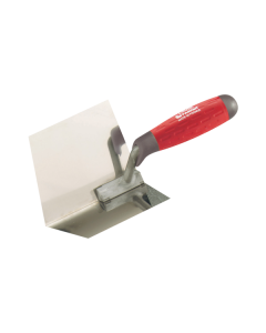 Professional stainless steel inside corner trowel from xbau, featuring a precision-angled blade and an ergonomic bi-material handle with an integrated fingerguard for seamless corner finishing.