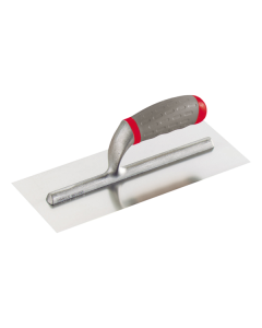 Professional 0.6 mm stainless steel drywall and masonry trowel from xbau, featuring a reinforced aluminum frame and an ergonomic bi-material handle for superior grip and durability.