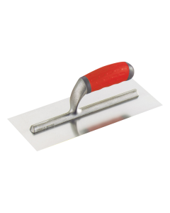 Professional 0.6 mm stainless steel drywall and masonry trowel featuring beveled edges, an aluminum frame, and an ergonomic bi-material handle.
