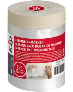 Kip® 232 MASKING-TEC® STANDARD masker, showing a roll of beige finely creped masking tape attached to a transparent, environmentally friendly PE film for fast indoor surface protection.