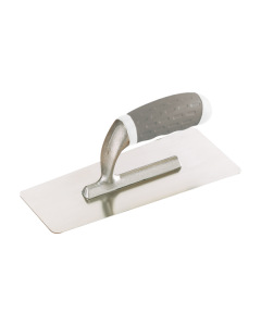 Professional decorative trowel featuring a flexible, polished stainless steel blade in a trapezoidal shape with a sturdy aluminum frame.