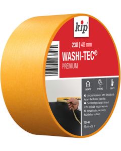 A roll of Kip® 238 WASHI-TEC® PREMIUM masking tape, made from thin Goldkrepp® paper, designed for professional sharp edges on smooth and lightly textured surfaces.