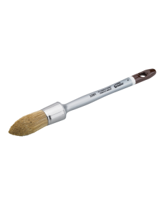 Professional round pointed sash brush from xbau, featuring a tapered blend of natural and synthetic bristles for wood stains, a varnished wooden handle, and a plastic protection sleeve.