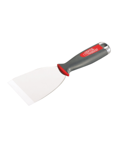 Professional rigid painter's remover scraper featuring a mirror-polished tempered stainless steel blade with a large bevel and an ergonomic bi-material handle with an aluminum cap.