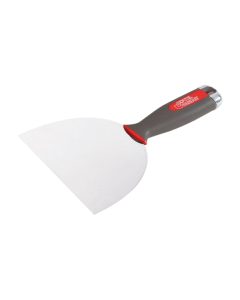 Professional L'Outil Parfait joint knife featuring a flexible tempered stainless steel blade and an ergonomic bi-material handle with a durable aluminum hammer cap for multipurpose drywall work.
