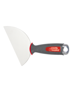 Corner coating trowel with polished tempered stainless steel blade, soft-touch ergonomic handle, and aluminium hammer cap