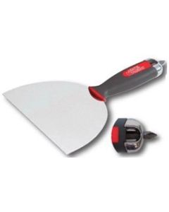 Professional bi-material joint knife with a polished stainless steel through-blade and integrated high-quality screwdriver tip for drywall finishing.