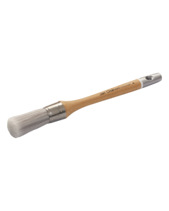 Professional round Aquasilver sash brush from xbau, featuring staged and tapered synthetic fibers, a stainless steel ferrule, and a varnished wooden handle for precision water-based and acrylic painting.