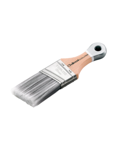 Professional Deco Brush AQUASILVER from xbau, featuring an angular shape with staged and tapered synthetic fibers, a stainless steel ferrule, and an ergonomic varnished wooden handle for precision corner finishing.