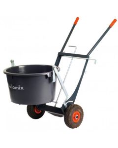 Collomix transport trolley with pneumatic tires and integrated tipping device for effortless movement and precise pouring of 65-liter mixing buckets