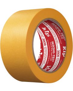 A roll of Kip® 3808 WASHI-TEC® PREMIUM masking tape, showing the original yellow Goldkrepp® paper designed for versatile, high-precision masking on smooth and lightly textured surfaces.