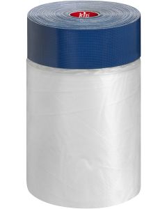 Kip® 384 Stucco Masker featuring a roll of 30mm wide blue fabric tape integrated with a thick, protective HDPE film, designed for heavy-duty masking on textured surfaces like plaster and concrete.