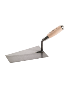 Professional square trowel featuring a tempered steel blade, a nickel-plated ferrule and cap, and a PEFC certified natural wooden handle from xbau.