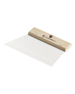 Professional L'Outil Parfait adhesive spreader featuring a square notched, tempered steel and varnished blade with a PEFC certified natural wooden handle for cement spreading.