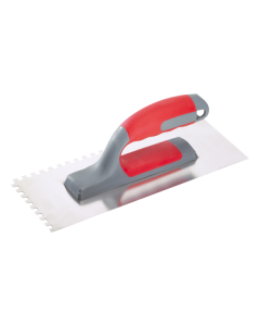 Professional 280 x 120 mm square notched trowel from xbau, featuring a 0.6 mm stainless steel blade, a lightweight aluminum frame, and an ergonomic bi-material handle for plaster plate installation.