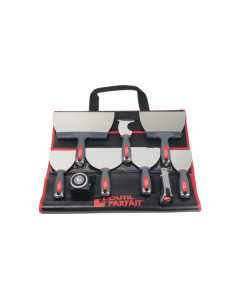Professional 8-piece worker kit for drywall jointing and coating, featuring a range of stainless steel knives, a multi-use scraper, a retractable box cutter, and a 5m measuring tape.