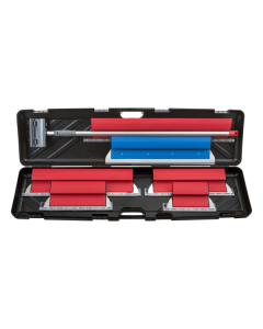 Professional airless spraying finishing set featuring five blades in various sizes, a blue 60cm paring knife, and a 2x1m extension pole, available at xbau.