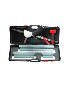 Complete DécoLiss smoothing system kit with flexible stainless steel blades, coating roller, drywaller knife, telescopic pole and carry case for wall and ceiling finishing