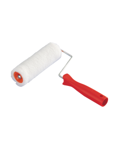 Paint roller with polypropylene frame, reversed fabric, curved cover, and beveled edges for precise painting