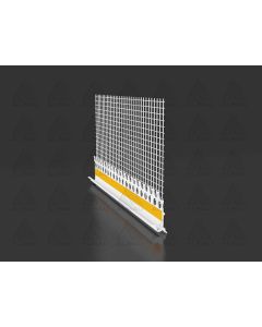 Albau PVC drip edge profile with integrated Vertex glass fiber reinforcement mesh and self-adhesive tape for secure water drainage in ETICS insulation systems.