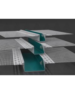 Xbau PVC decorative groove profile with integrated glass fiber mesh, featuring protective tape and connecting pegs for creating rustication joints in ETICS facade systems.