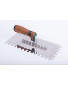 Professional stainless steel notched trowel featuring an ergonomic cork handle for comfortable tiling and adhesive application.