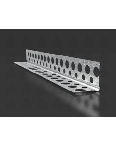 Xbau perforated aluminum corner bead with pixelated surface for reinforcing external wall and ceiling corners in drywall constructions.