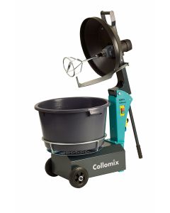 High-speed mixer with power-driven rotating tub and scrapers for lump-free mortar and leveling compounds