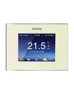 The 4iE Smart Thermostat displaying its intuitive touchscreen interface, highlighting its sleek design compatible with both contemporary and traditional home decor.