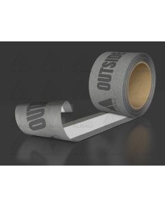 Vapor-permeable external window sealing tape (grey) with a fully covered adhesive layer and fleece surface, designed for weather-resistant and breathable insulation of window joints.