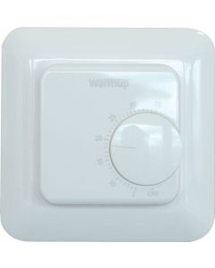 The Warmup MSTAT Manual Thermostat, featuring a clean white faceplate with a large, easy-to-use rotary dial for immediate temperature adjustment in underfloor or central heating systems.