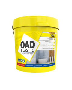 Professional application of yellow SAKRET OAD ELASTIC waterproofing paste on a bathroom shower area, illustrating the seamless protective barrier on both walls and floor before tiling.