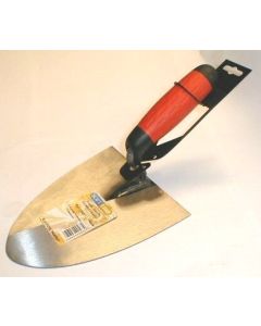Professional Antwerp pattern masonry trowel from xbau, featuring a thick varnished tempered steel blade and an ergonomic bi-material handle with an integrated fingerguard for heavy-duty construction.