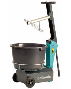 Collomix TMX professional static mixer featuring a rotating tub, integrated dust extraction, and adjustable scrapers for 40-liter batches of compact mortar and screed