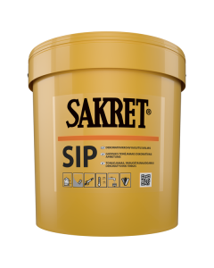 Professional applicator using a plastic trowel to create a uniform "cottage cheese" texture with SAKRET SIP silicone plaster on an insulated facade, highlighting the flexible and fiber-reinforced finish.