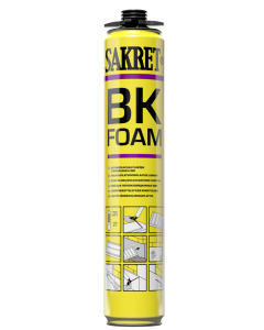 Applying SAKRET BK FOAM SBS polyurethane adhesive bars to an EPS insulation board using a foam gun.