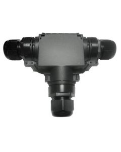 A 3-pole distribution connector designed for use with the Warmup WT-Connector system, featuring a robust, weather-resistant black housing for secure electrical branching in outdoor heating applications.