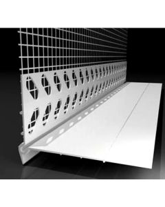 PVC transition bead with visible drip edge and integrated fiberglass mesh, used for horizontal reinforcement and water drainage at junctions between different insulation thicknesses in ETICS.